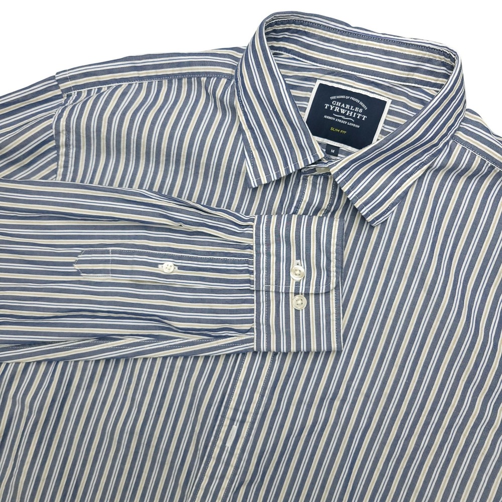Charles Tyrwhitt Dress Shirt Mens Medium Blue Stripe Slim Fit Cotton Long Sleeve
